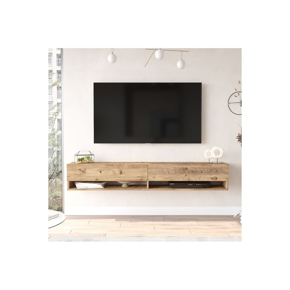 Mueble de TV de Pared Moderno Roble - 180x31,5x29,5 cm - 2 Cajones y Estantes.