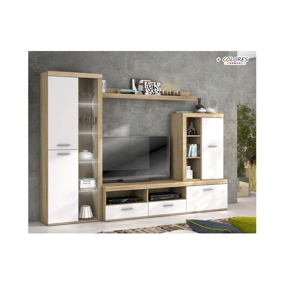 Mueble de Salón Moderno con Leds, Acabado en Cambria - Blanco, Medidas: 260 cm (An) x 191 cm (Al) 47,5 cm (Fo) Meyvaser