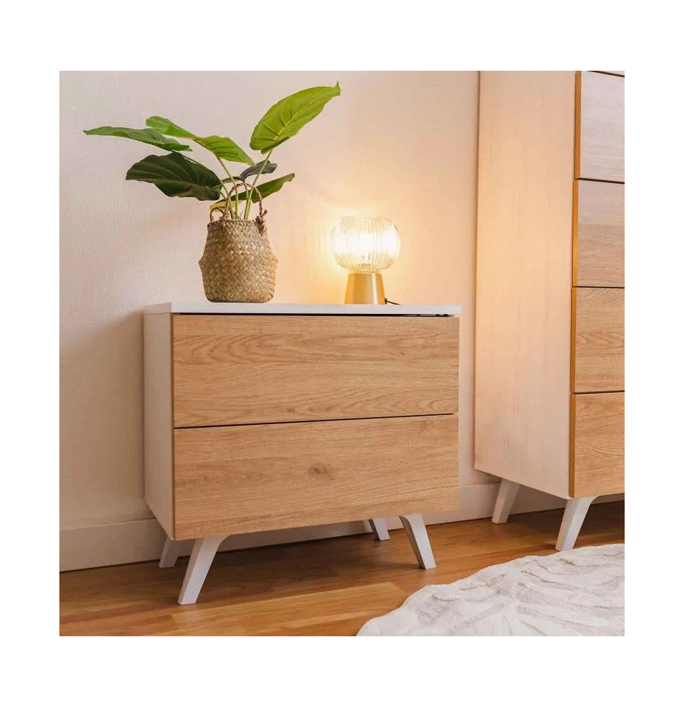 Meyvaser Mesita de noche 2 cajones Color blanco y Natural 52 cm (ancho) x 50 cm (alto) x 34,8 cm (fondo)