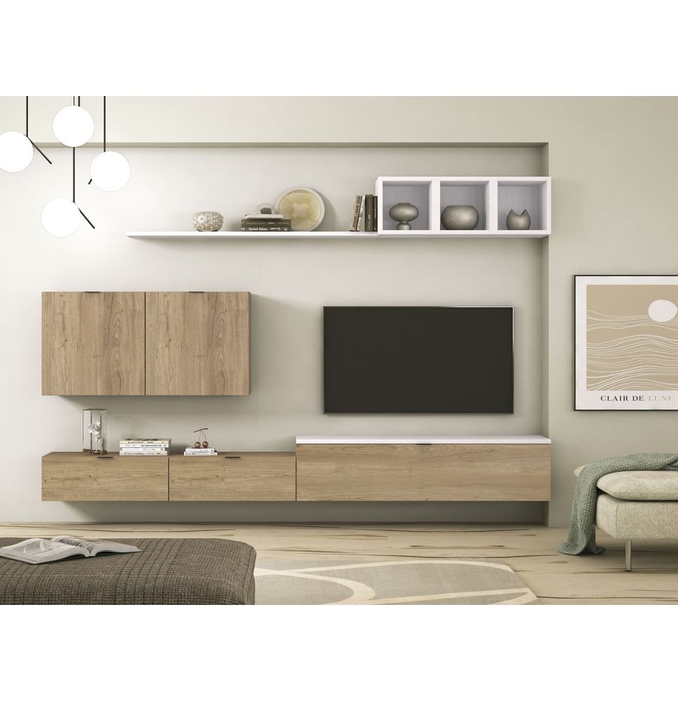 Meyvaser Mueble de salón y TV Conjunto muebles de salón apilable 270 Cm Ancho Color madera y blanco