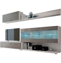 Mueble de Salón con Leds, Acabado en Andersen Pino - Gris, Medidas: 250 cm (Anc) x 115 cm (Al) 40 cm (Fon)