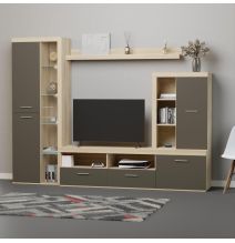 Mueble de Salón Moderno con Leds, Acabado en Cambria - Grafito, Medidas: 260 cm (Ancho) x 191 cm (Alto) 47,5 cm (Fondo)