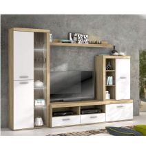 Mueble de Salón Moderno con Leds, Acabado en Cambria - Blanco, Medidas: 260 cm (Ancho) x 191 cm (Alto) 47,5 cm (Fondo)