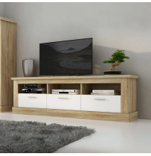 Mueble TV, Mesa de televisión 3 Puertas y 3 Estantes, Acabado en Cambria y Blanco, Patas de Madera,180 cm Lar x 56,6 cm Al x