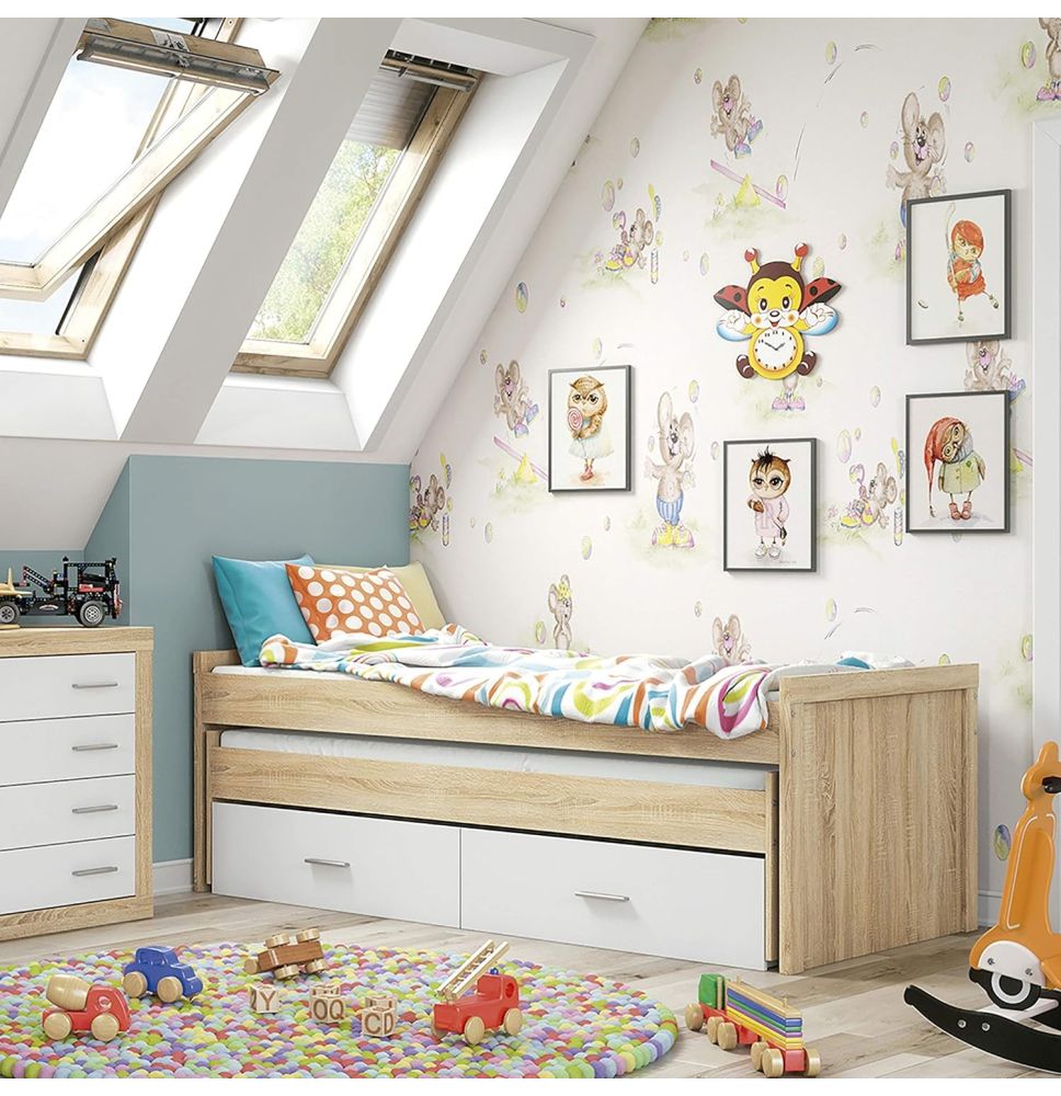 Cama Nido Juvenil con Dos Camas y Dos Cajones - Dormitorio en Cambria y Blanco - 200,5 x 98 x 72 cm