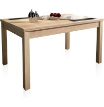 Mesa Comedor, Mesa de salón Extensible, Acabado en Color Cambria y Cristal, Medidas: 140-180 cm (Lar) x 90 cm (Anc) x 75 cm (Al)