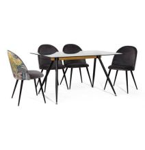 Mesa de Comedor de Cristal Templado - Patas Metálicas Negras y Travesaño de Madera | Diseño Moderno | 140x90 x 75 cm