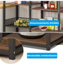 Estantería de Cocina, Estante Abierto de Pie 2 Mallas metálicas y múltiples Estantes 80x30x142cm, Color Negro y Madera