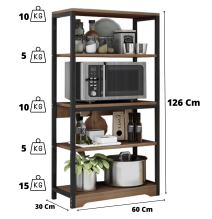 Estantería de Cocina Con Marco de Metal Negro, Estante Industrial para microondas 60x30x126 Cm Color Madera y Negro
