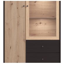 Vitrina Alta en Roble Artisan y Negro con Puerta Estrecha, Puerta Acristalada y 2 Cajones - Medidas 86,5x40x195 cm