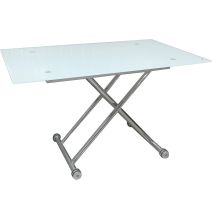 Mesa de Centro Elevable, Cristal de 8 mm y Estructura con Ruedas - Tapa Color Blanco, Mueble Moderno - Medidas 120x70x40-75 cm