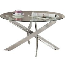 Mesa de Centro Redonda con Tapa de Cristal 8 mm y Patas Metálicas Cruzadas en Acabado Cromo - Mueble Moderno - Medidas 80x40 cm