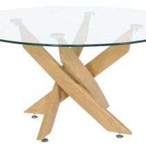 Mesa de Centro Redonda con Tapa de Cristal 8 mm y Patas Metálicas en Acabado Madera - Medidas 80x40 cm