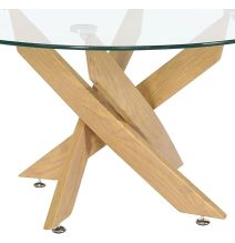 Mesa de Centro Redonda con Tapa de Cristal 8 mm y Patas Metálicas en Acabado Madera - Medidas 80x40 cm