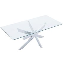 Mesa de Centro con Tapa de Cristal Templado de 8 mm y Patas Metálicas Cruzadas en Acabado Crema -  Medidas 110x55x45 cm