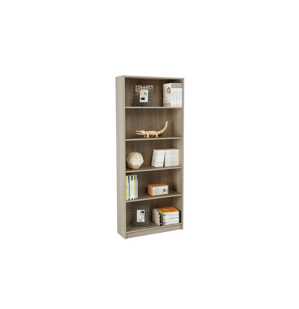 Estantería Alta Salón, Librería, Color Roble, Medidas: 180 cm (Alto) x 75 cm (Ancho) x 25 cm (Fondo)