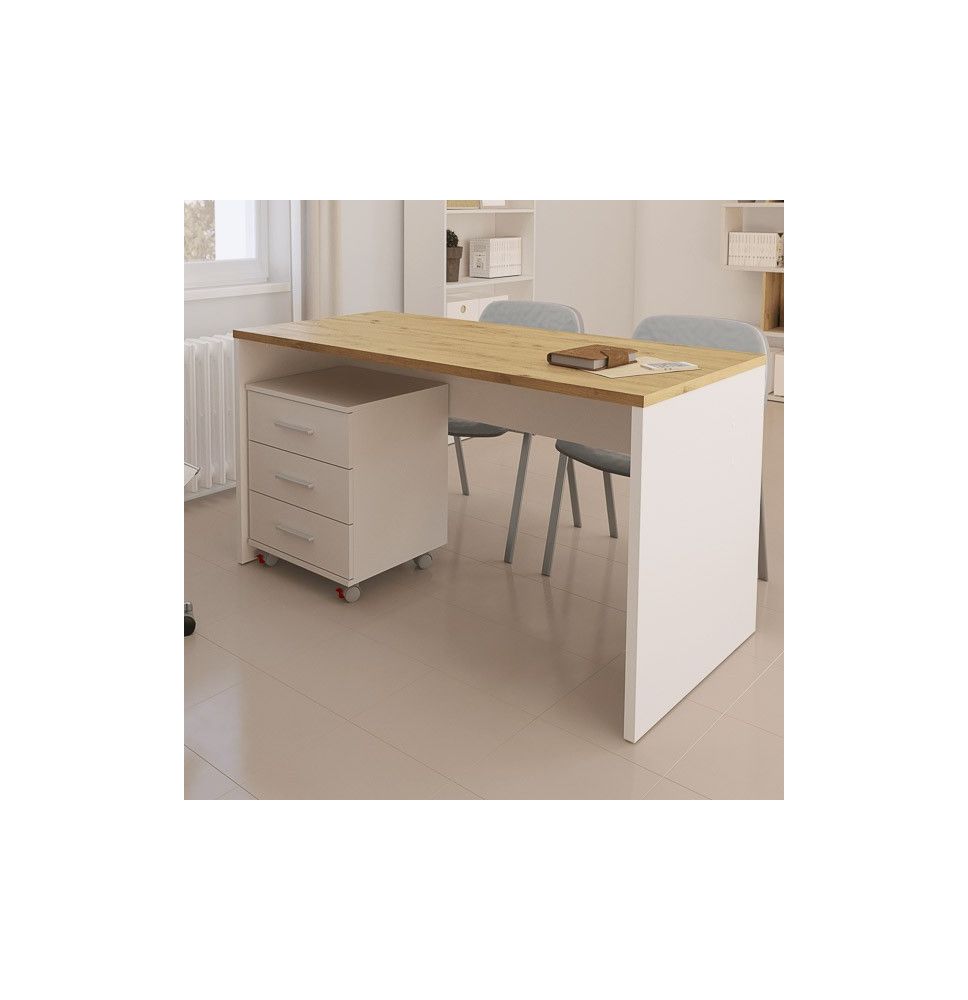 Mesa de Escritorio 138 Cm de ancho con patas de Madera Blanca y tapa Color Roble 67x75x138 Cm