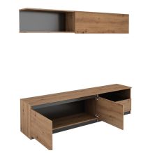 Mueble de TV de Diseño + Modulo Alto de Almacenamiento y 2 Puertas,Roble y Gris 85 cm(Alto) x 200cm (Ancho) x 40cm (Fondo)