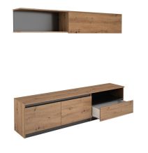Mueble de TV de Diseño + Modulo Alto de Almacenamiento y 2 Puertas,Roble y Gris 85 cm(Alto) x 200cm (Ancho) x 40cm (Fondo)