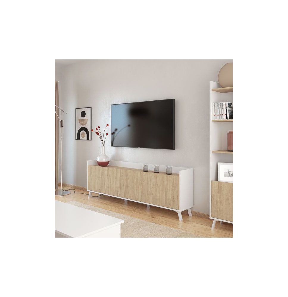 Aparador, Mueble Tv, Salón Comedor 4 Puertas, Armario Auxiliar Color Blanco y Roble, Medidas: 180x63x33,5 Cm