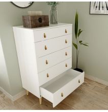 Cómoda con 5 Cajones, para Dormitorio, Acabado en Color Blanco, Medidas: 80 cm (Ancho) x 120 cm (Alto) x 48 cm (Fondo)