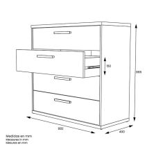 Cómoda con 4 Cajones, para Dormitorio, Acabado en Color Blanco y Roble, Medidas: 88 cm (Ancho) x 86 cm (Alto) x 48 cm (Fondo)