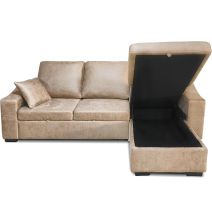 Sofá Cama 3 Plazas Reversible con Chaiselongue y Almacenaje, Tapizado en Tela Piedra, 229x93x153 cm