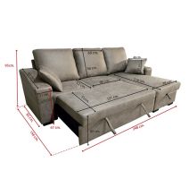 Sofá Cama 3 Plazas Reversible con Chaiselongue y Almacenaje, Tapizado en Tela Cemento, 229x93x153 cm