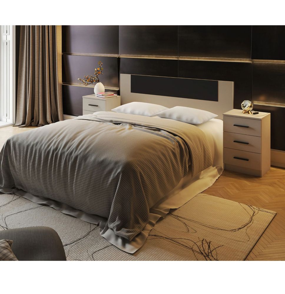 Conjunto Pack Cabecero y 2 Mesitas de Noche,Mesilla de noche 3 Cajones Color Beige, Medidas:160x45x1,6 cm (LargoxAltoxProfundo)