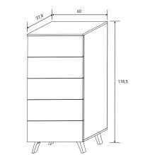 Sinfonier con 5 Cajones y con Patas, Comoda Cajonera Dormitorio, Color Mauvella-rayas, 60cm (Anc) x 118,5cm (Al) x 37,8cm (Fon)