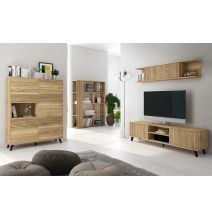 Conjunto de Salón Mueble Completo: Bajo TV, Vitrina, Estantería Decorativa y 2 Estantes - Color Mauvella Rayas