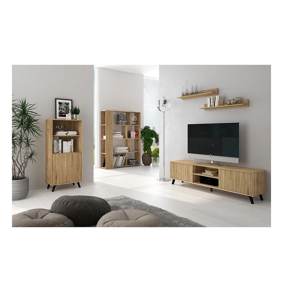 Conjunto de Salón Mueble Completo: Bajo TV, Mueble Bar, Estantería y Mueble Colgar - Estilo Mauvella Rayas.