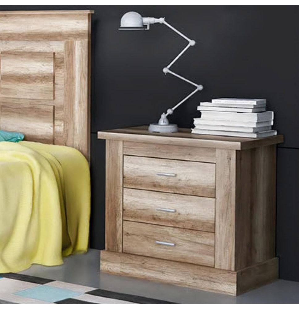 Mesita de Noche 3 Cajones, Mesilla de Dormitorio, Color Cañón , Medidas: 66 cm (anc) x 39,6 cm (Fo) x 63,8 cm (Al)